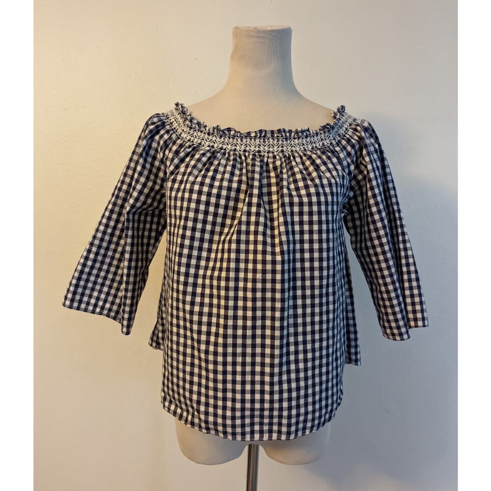 Madewell sz S Cropped 3/4 sleeve Blouse blue white plaid print shirt 2675